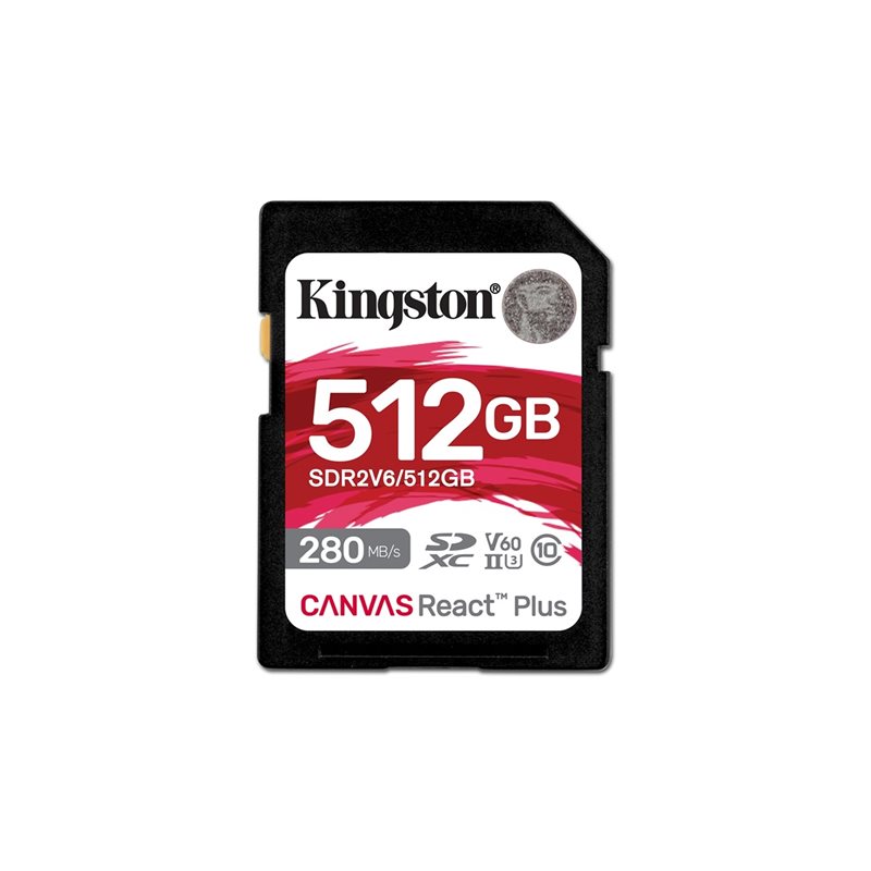 Kingston 512GB Canvas React Plus V60 SD, SDXC-muistikortti, UHS-II/U3/V60, jopa 280/100 MB/s