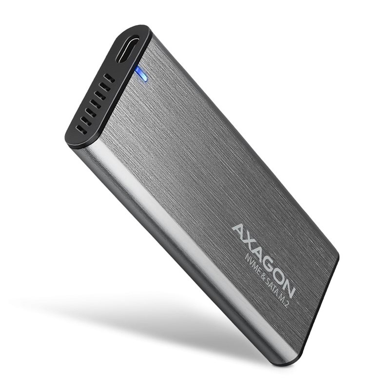 AXAGON Ulkoinen USB-C 3.2 Gen 2 -kiintolevykotelo M.2 NVMe/SATA SSD:lle, 0,2m, hopea