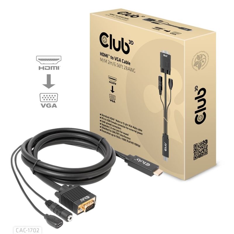 Club 3D HDMI -> VGA -adapterikaapeli, Micro-USB lisävirralla, 3,5mm audiolla, 2m, musta