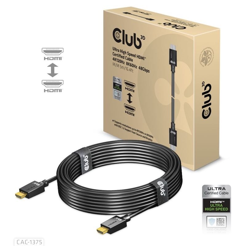 Club 3D 2.1 HDMI -näyttökaapeli, 5m, musta