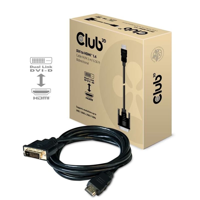 Club 3D HDMI 1.4 <-> DVI-D -adapterikaapeli, kaksisuuntainen, 2m, musta