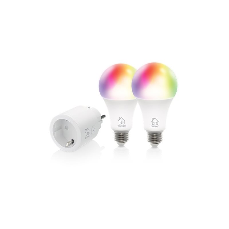 Deltaco Smart Home, WiFi-älypistorasia (10A) ja 2kpl E27 RGB-älylamppua, valkoinen