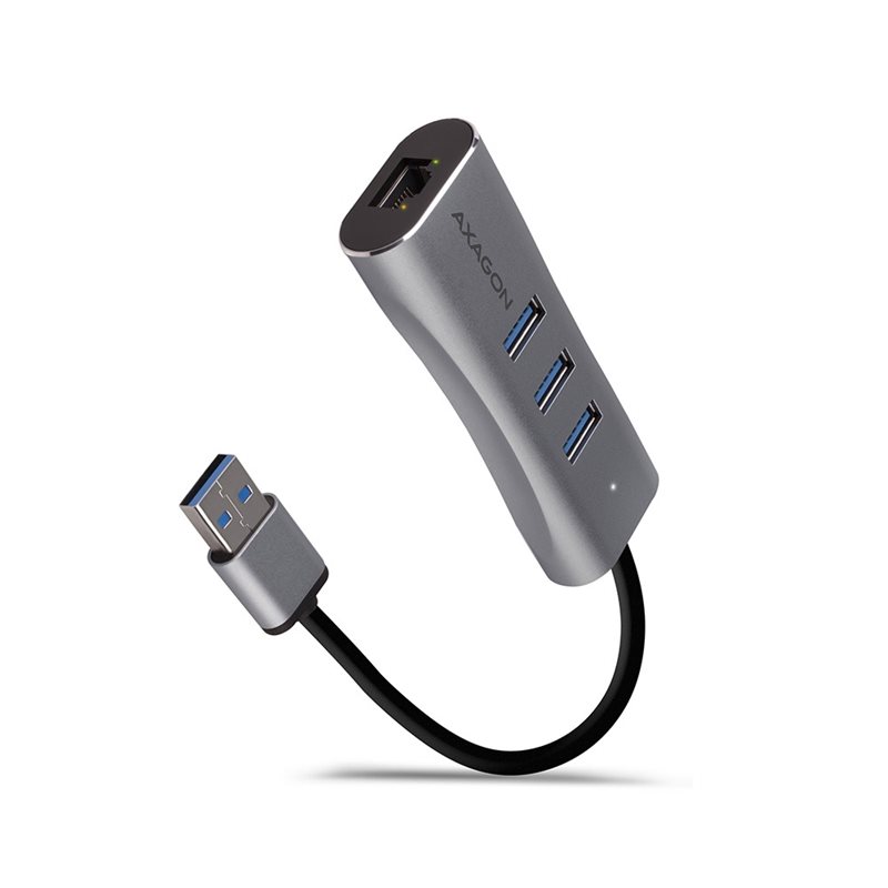 AXAGON 3.2 Gen 1 USB-A-hubi Gigabit verkkoliitännällä, 3x USB-A, hopea (Poistotuote! Norm. 24,90€)