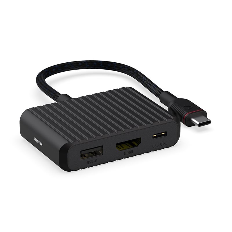 Unisynk 3-porttinen USB-C hubi, HDMI 4K60, USB-A, USB-C PD 100W, musta