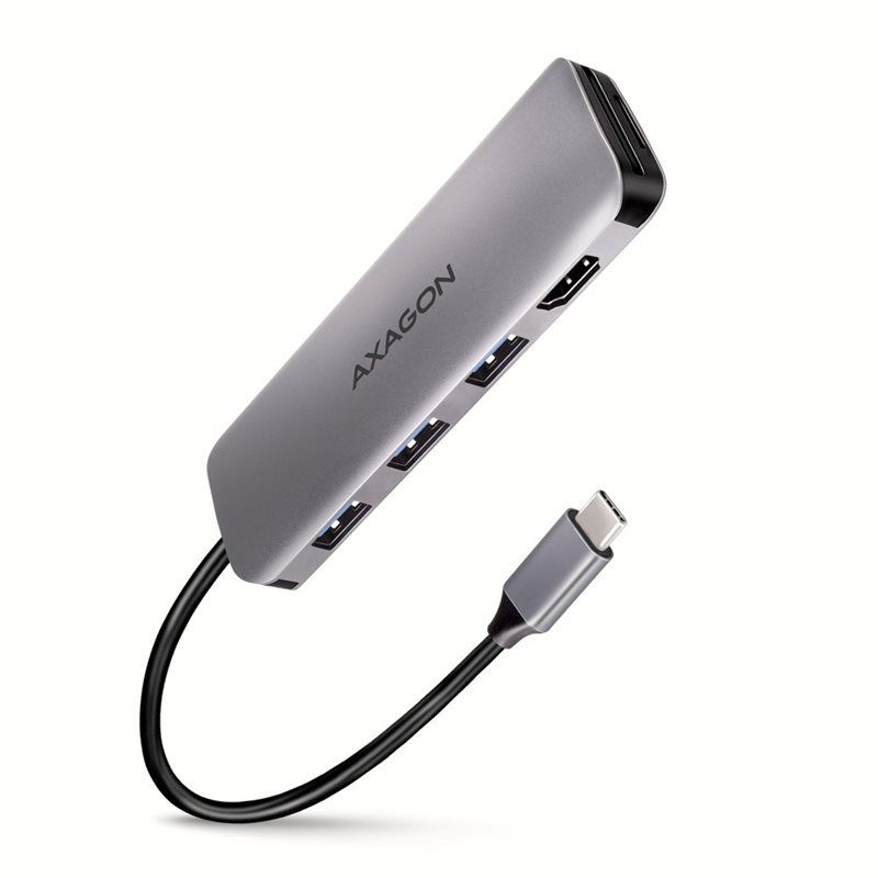 AXAGON 3.2 Gen 1 USB-C-hubi, HDMI, 3x USB-A, SD/mSD/MMC, 0,2m, hopea