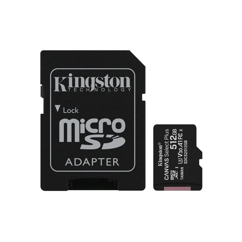 Kingston 512GB Canvas Select Plus microSDXC-muistikortti, Class 10, UHS-I, 100/85 MB/s