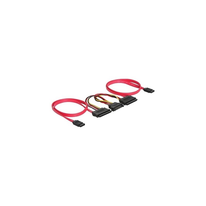 DeLock SATA2 -kaapeli, 2x SATA-levy -> SATA-virtaliitokseen & 2x emolevyyn, 50cm, punainen