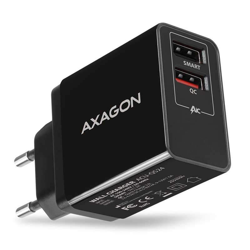 AXAGON 24W verkkovirtalaturi, 2x USB-A, QC3, musta