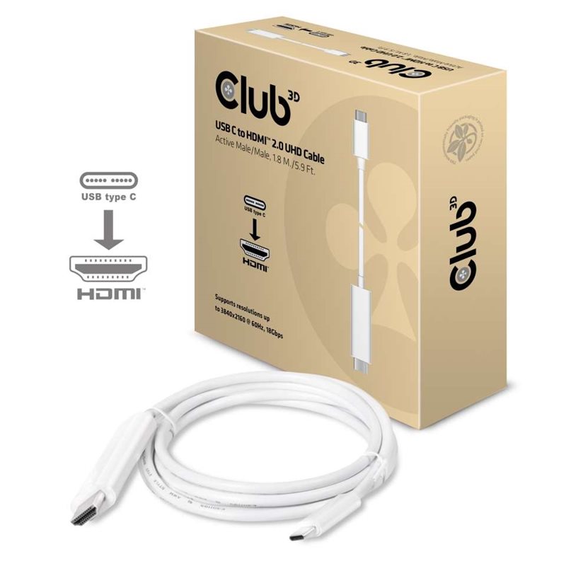 Club 3D 3.1 USB-C - 2.0 HDMI -näyttökaapeli, 1,8m, valkoinen