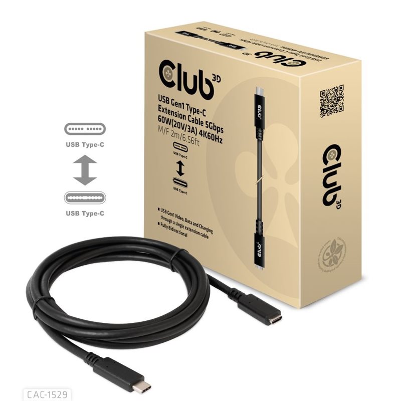 Club 3D 3.1 Gen1 USB-C -jatkokaapeli, PD3.0 3A 60W, 2m, musta