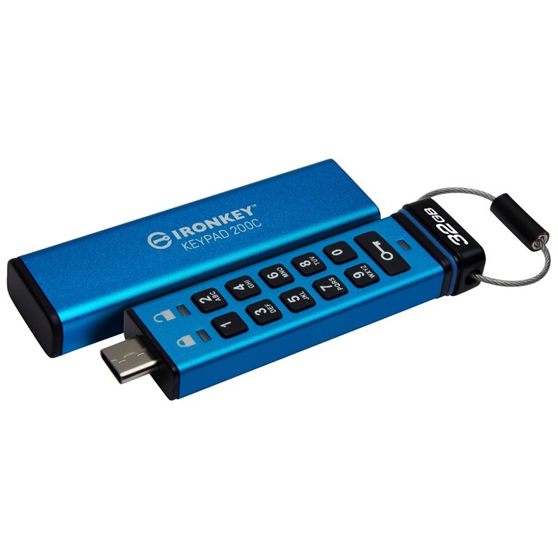 Kingston 32GB IronKey Keypad 200C, laitesalattu 3.2 Gen1 USB-C -muistitikku, PIN-näppäimistöllä, sininen