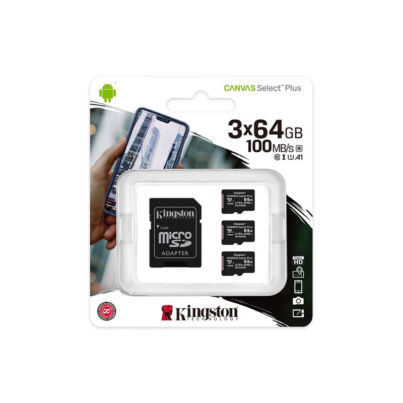 Kingston 64GB x3 Canvas Select Plus, microSDXC -muistikortti, UHS-I V10 U1 A1, 100 MB/s, SD-adapterilla