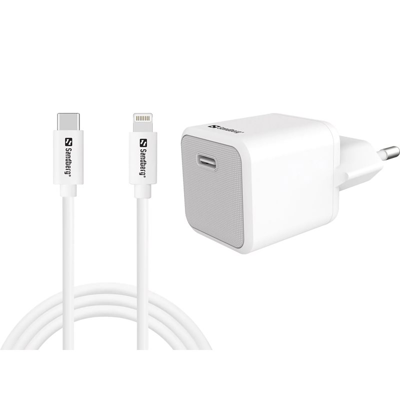 Sandberg 20W verkkovirta-adapteri ja USB-C - Lightning -kaapeli, 1m, valkoinen