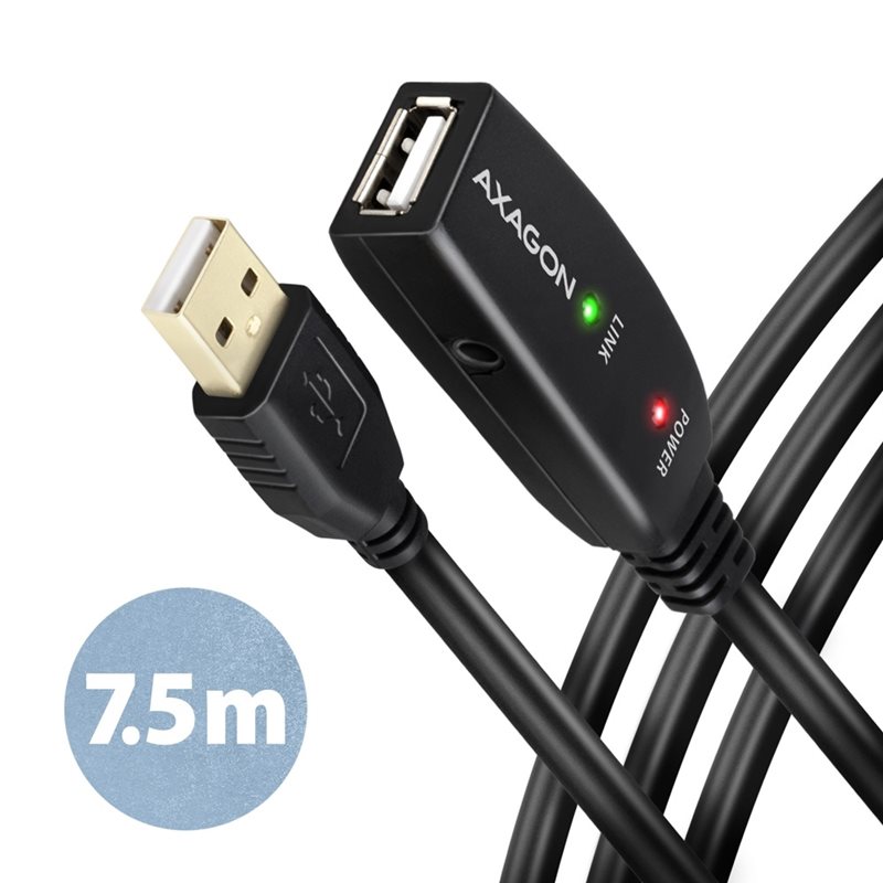 AXAGON 2.0 USB-A -jatkokaapeli, aktiivinen, lisävirralla, uros-naaras, 7,5m, musta