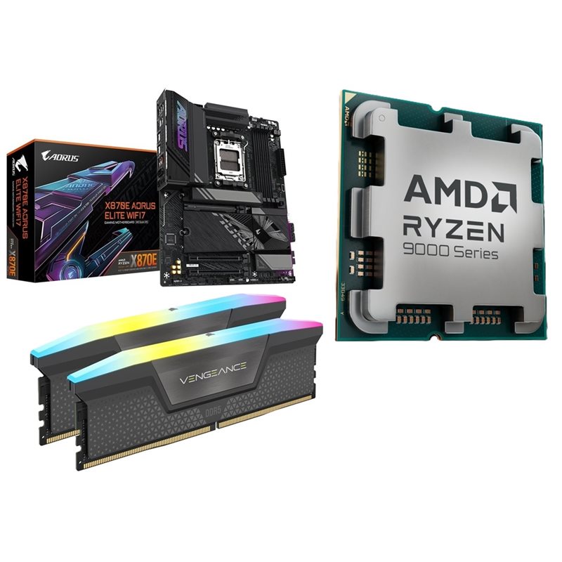 Gigabyte X870E AORUS ELITE WIFI7 + Ryzen 9 9950X + 96GB DDR5 6000MHz -tuotepaketti