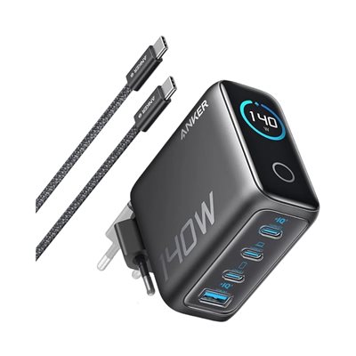 Anker 140W Laptop Charger, GaN-verkkovirtalaturi, 3x USB-C, USB-A, tummanharmaa