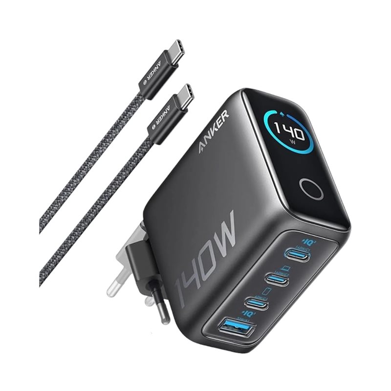 Anker 140W Laptop Charger, GaN-verkkovirtalaturi, 3x USB-C, USB-A, tummanharmaa