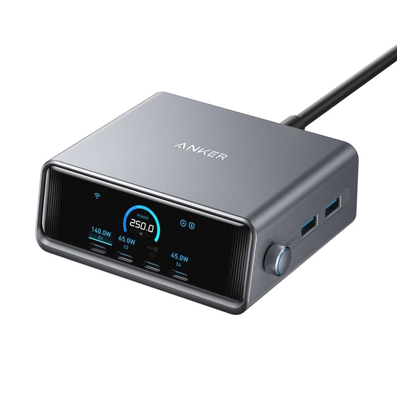 Anker 250W Prime Charger, GaN-pöytälaturi, 4x USB-C, 2x USB-A, tummanharmaa/hopea
