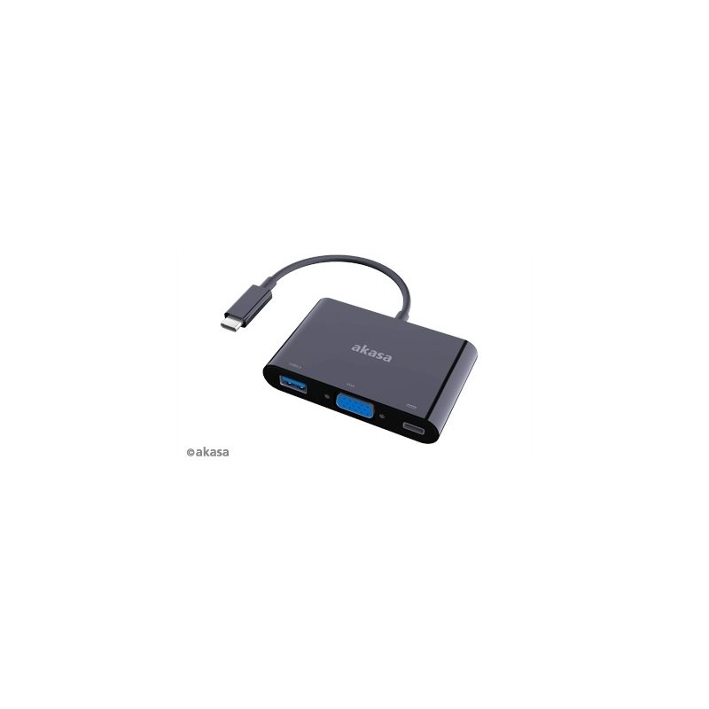 Akasa USB-C -> VGA + virta -adapteri, jossa 3.0 USB-A portti, musta