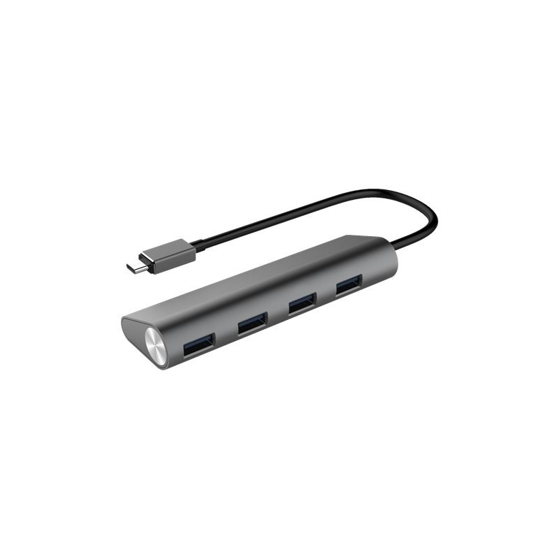 Deltaco Alumiininen 4-porttinen USB-hubi, 18W / 3.6A, USB 3.1 Gen1, harmaa/musta