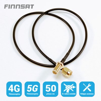 FinnSat Läpivientikaapeli, SMA naaras - SMA uros, ohut, 50 Ohm, 0,5m, musta