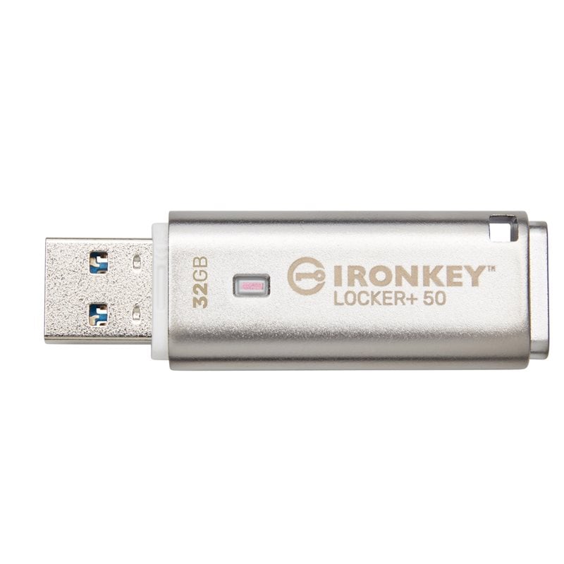 Kingston 32GB IronKey Locker+ 50, salattu 3.2 Gen1 USB-A -muistitikku, 145/115 MB/s, hopea