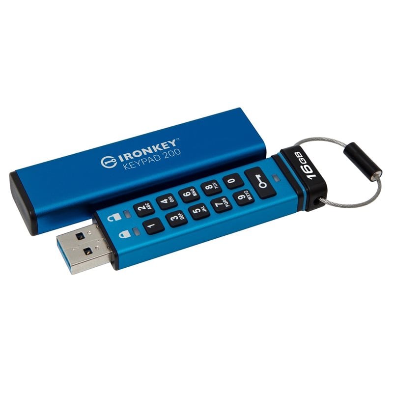 Kingston 16GB IronKey Keypad 200, laitesalattu 3.2 Gen1 USB-A -muistitikku, PIN-näppäimistöllä, sininen