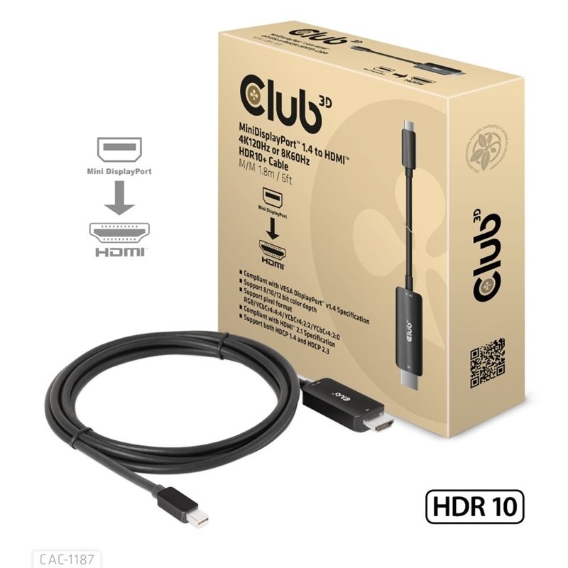 Club 3D MiniDisplayPort 1.4 -> HDMI 4K120Hz / 8K60Hz -sovitinkaapeli, 1,8m (Poistotuote! Norm. 75,90€)