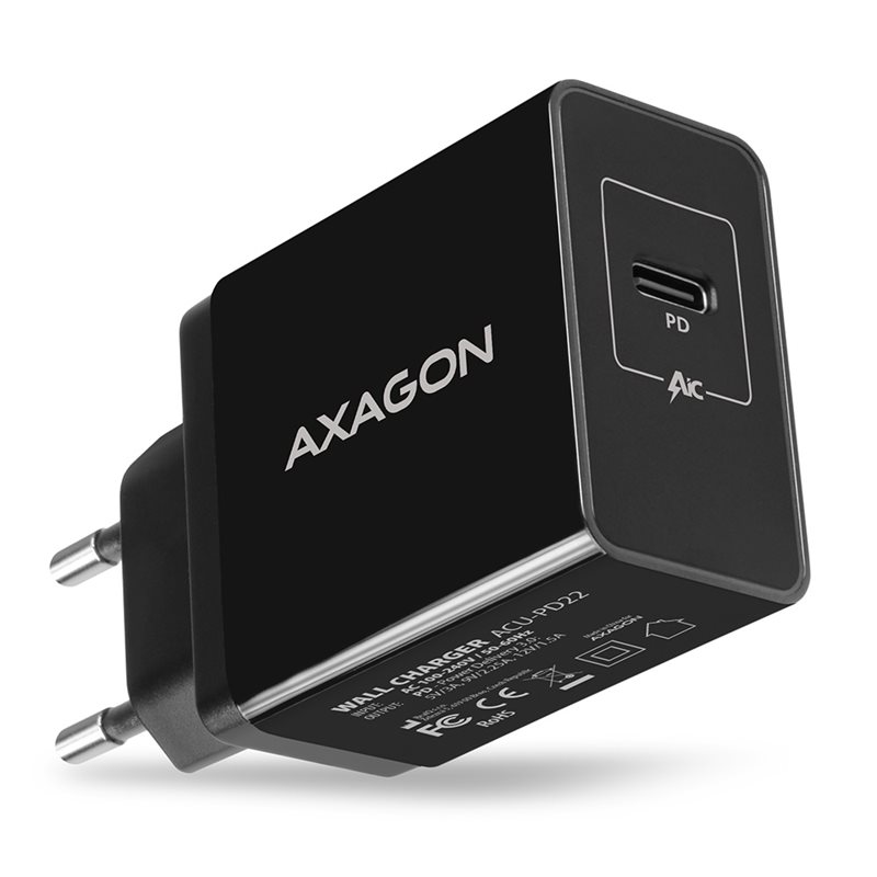 AXAGON 22W verkkovirtalaturi, USB-C, PD3/QC3, musta (Poistotuote! Norm. 12,90€)