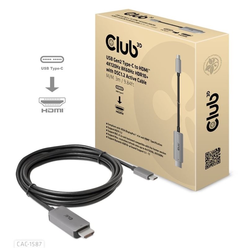 Club 3D 3.2 Gen2 USB-C - 2.1 HDMI -näyttökaapeli, 3m, musta