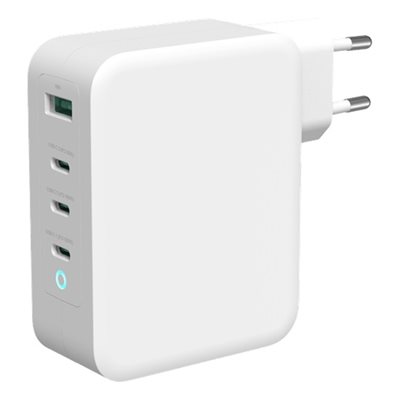 Deltaco 130W GaN-verkkovirtalaturi, 3x USB-C PD +USB-A, valkoinen