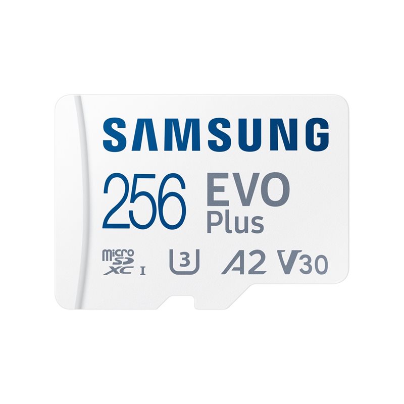 Samsung 256GB EVO Plus, microSDXC -muistikortti, UHS-I V30 U3 A2, 160 MB/s, SD-adapterilla