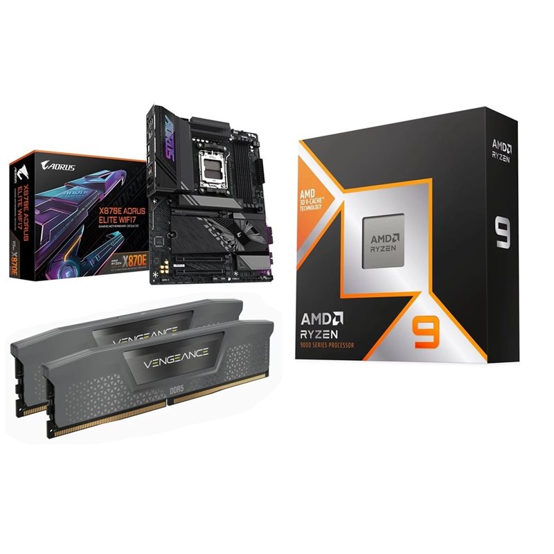 Gigabyte X870E AORUS ELITE WIFI7 + Ryzen 9 9950X3D + 64GB DDR5 6000MHz CL30 -tuotepaketti