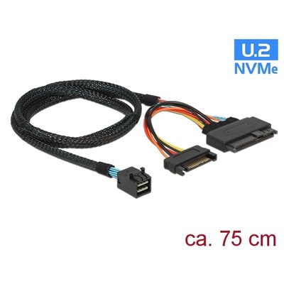 DeLock Mini SAS -kaapeli, SFF-8643 uros -> U.2 SFF-8639 naaras + SATA -virtaliitin, 75cm, musta