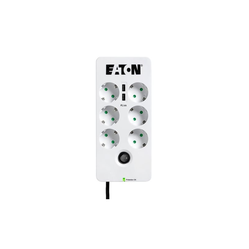 Eaton Protection Box -ylijännitesuoja 6-paikkainen + 2x USB-A, 1,5m, valkoinen