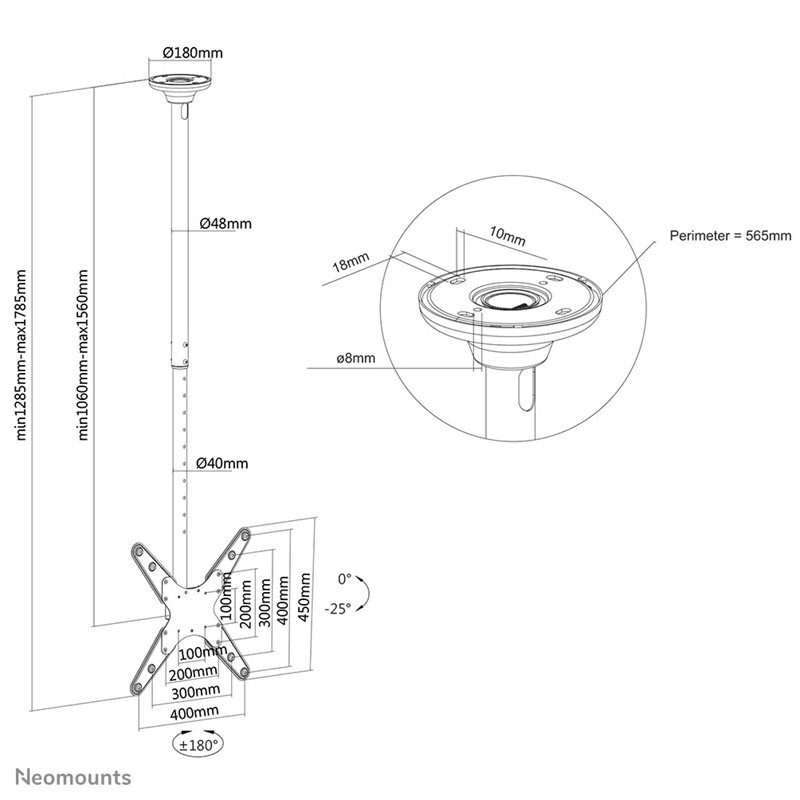 Neomounts by Newstar 32-75" Flat Screen Ceiling Mount, -kattoteline 106-156cm laskulla, musta - Kuva 2