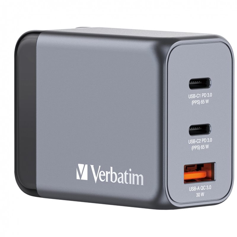 Verbatim 65W GaN-verkkovirtalaturi, 2x USB-C PD3.0, USB-A QC3.0, harmaa