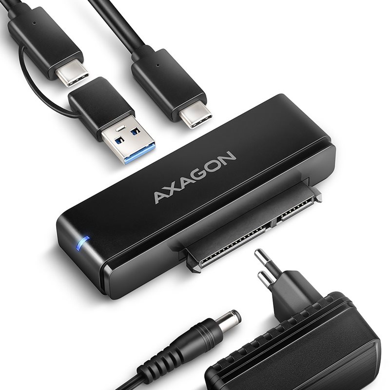 AXAGON 3.2 Gen2 USB-C -adapteri 2.5/3.5" SSD/HDD-levylle, virtalähteellä, musta