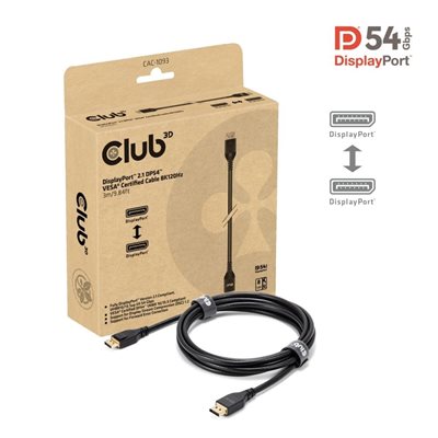 Club 3D DisplayPort 2.1 -näyttökaapeli, 8K120Hz, VESA DP54 -sertifioitu, 3m, musta