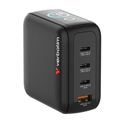 Verbatim 140W GaN-verkkovirtalaturi näytöllä, 2x USB-C PD 140W, 1x USB-C PD 40W, 1x USB-A QC3.0 30W, musta