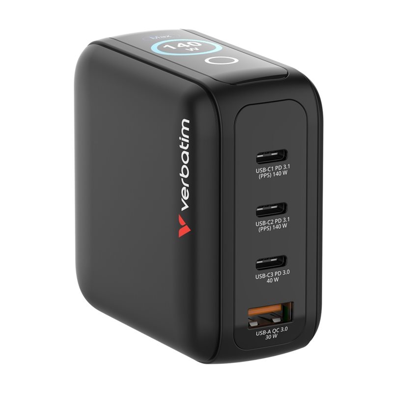 Verbatim 140W GaN-verkkovirtalaturi näytöllä, 2x USB-C PD 140W, 1x USB-C PD 40W, 1x USB-A QC3.0 30W, musta