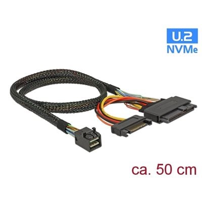 DeLock Mini SAS -kaapeli, SFF-8643 uros -> U.2 SFF-8639 naaras + SATA -virtaliitin, 50cm, musta