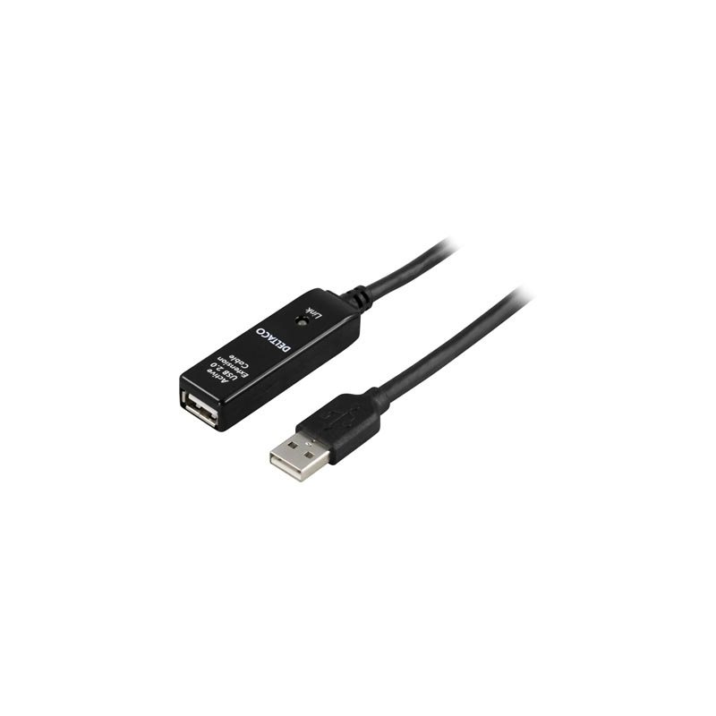 Deltaco 2.0 USB-A -jatkokaapeli, aktiivinen, uros-naaras, 20m, musta