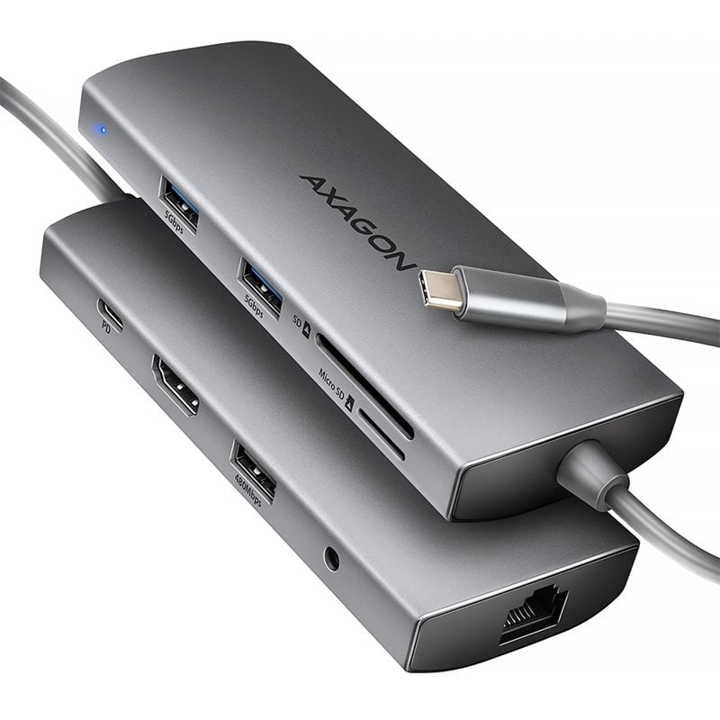 AXAGON 3.2 Gen1 USB-C-telakointiasema, HDMI, 3x USB-A, GLAN, SD/mSD, 3,5mm, PD3.0 100W, harmaa
