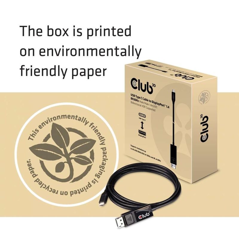 Club 3D USB-C -> DisplayPort 1.4 -kaapeli, 8K60Hz, 1,8m, musta - Kuva 2