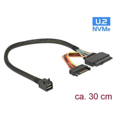 DeLock Mini SAS -kaapeli, SFF-8643 uros -> U.2 SFF-8639 naaras + SATA -virtaliitin, 30cm, musta
