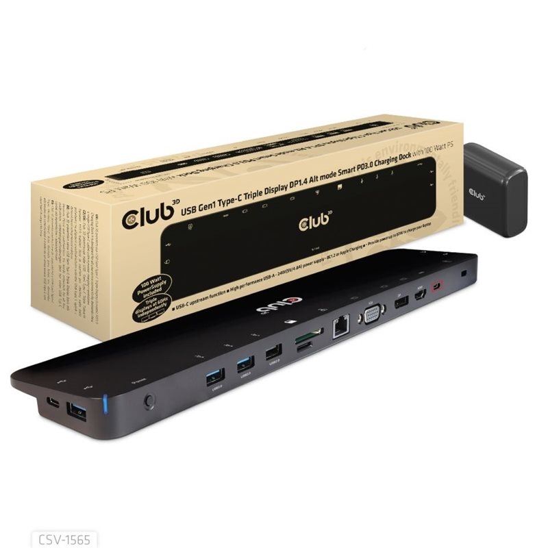 Club 3D USB Gen1 Type-C Triple Display DP1.4 Alt mode Smart PD3.0 Charging Dock with 100 Watt Power Supply