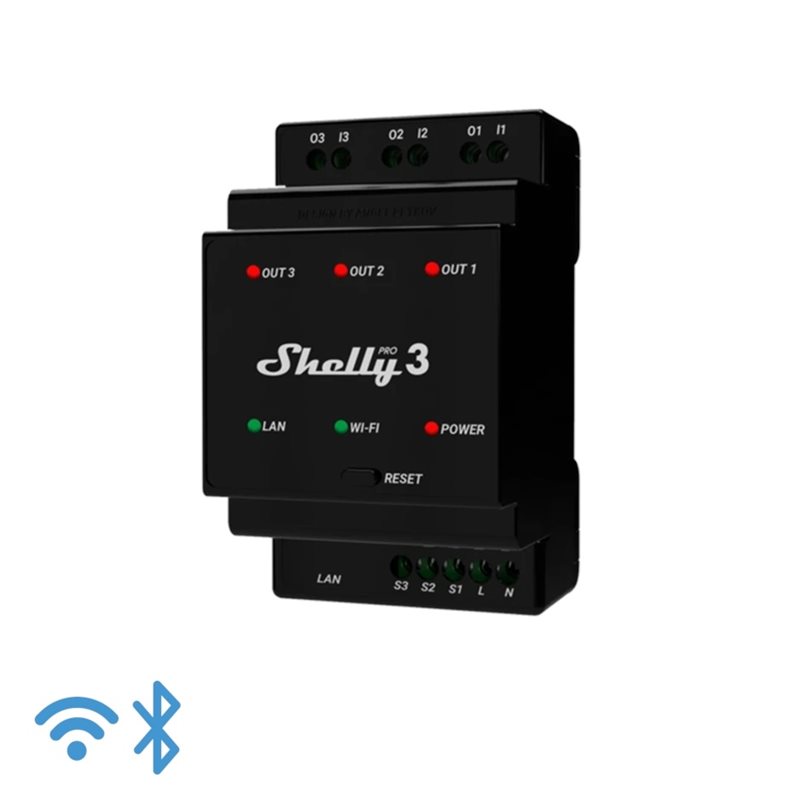 Shelly Pro 3, WiFi/LAN rele DIN-kiskoon, 3x 230VAC @ 16A, maksimikuorma 48A