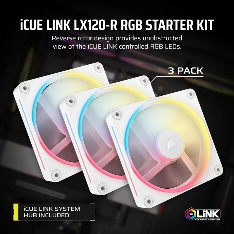 Corsair iCUE LINK LX120-R RGB Reverse Starter Kit - Triple Pack, 120mm PWM-laitetuuletinsarja, valkoinen - Kuva 2
