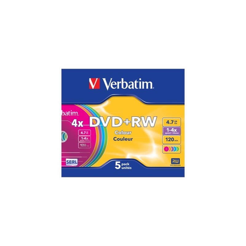Verbatim DVD+RW 4,7GB/120min, 4x, värilliset levyt, slim case, 5kpl